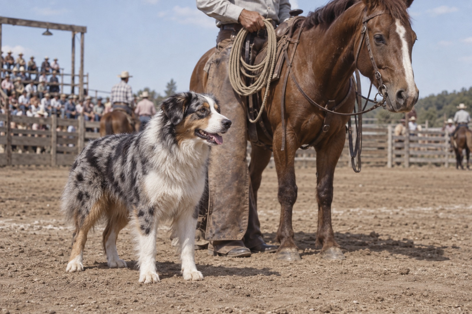 Pastor Australiano junto a un caballo en una exhibición western de mediados del siglo XX